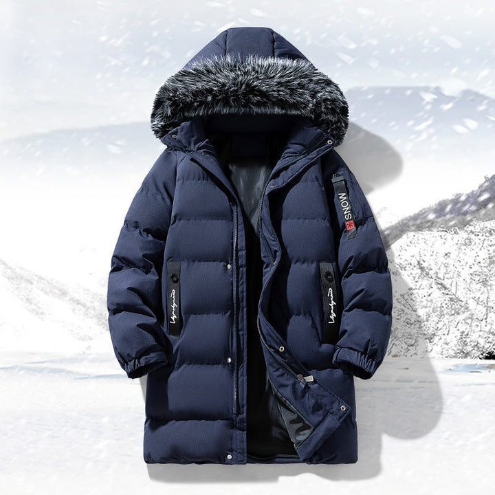 Męska longer pikowana parka z kapturem i imitacja fur trim