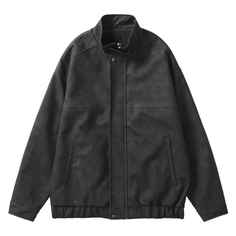 Męski Boxy Leather-Look Blouson z ukryty zamek placket, stójka, i elastic waistband