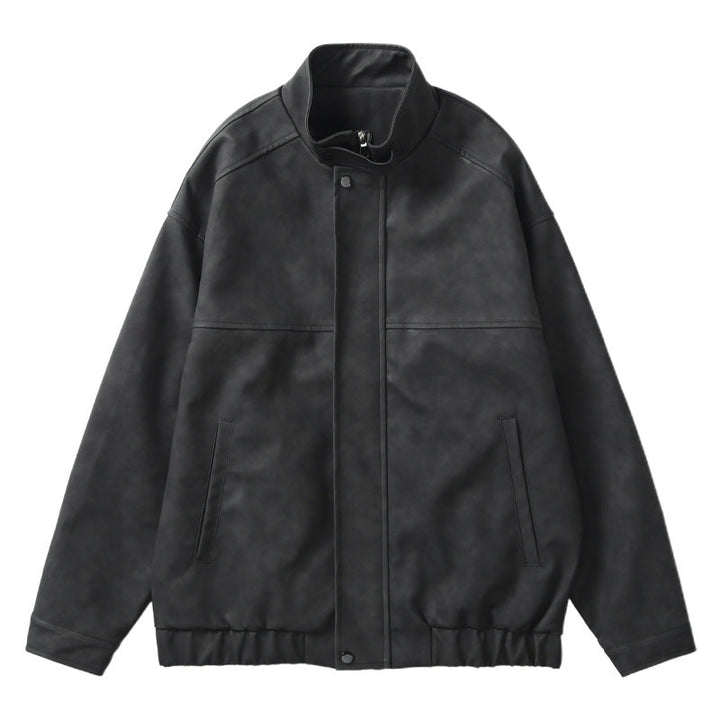Męski Boxy Leather-Look Blouson z ukryty zamek placket, stójka, i elastic waistband