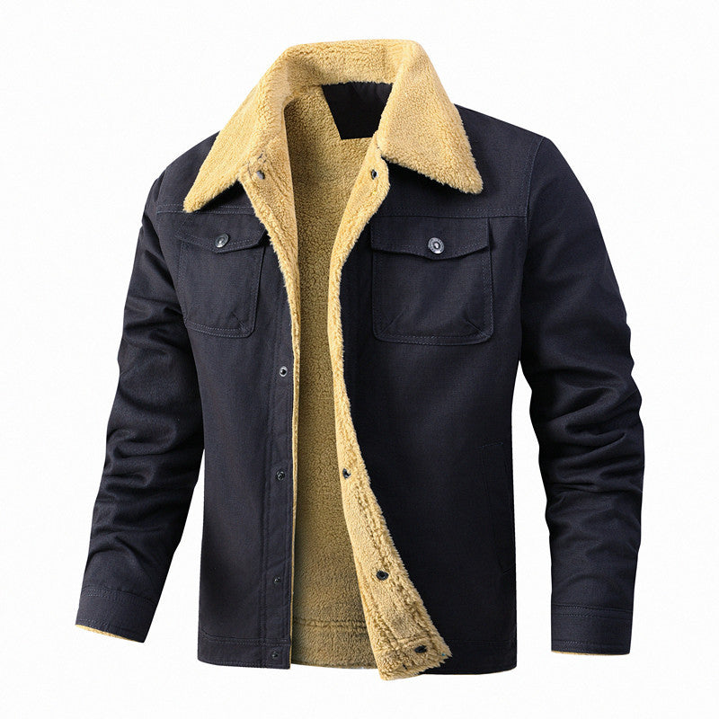 Męska casualowo Sherpa-lwed canvas Trucker kurtka z koszula kołnierzem