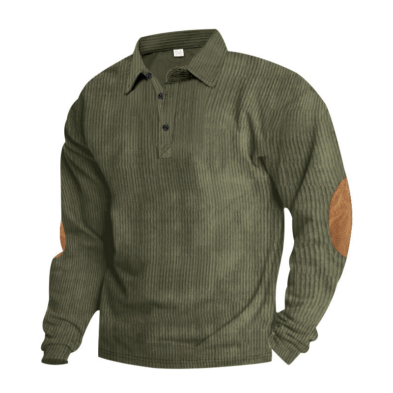 Męska heavy prążkowany bawełna polo sweter z Kent Kołnierz, triple Listwa guzikowa, i zamsz elbow patches