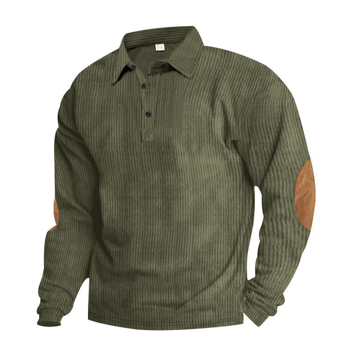 Męska heavy prążkowany bawełna polo sweter z Kent Kołnierz, triple Listwa guzikowa, i zamsz elbow patches