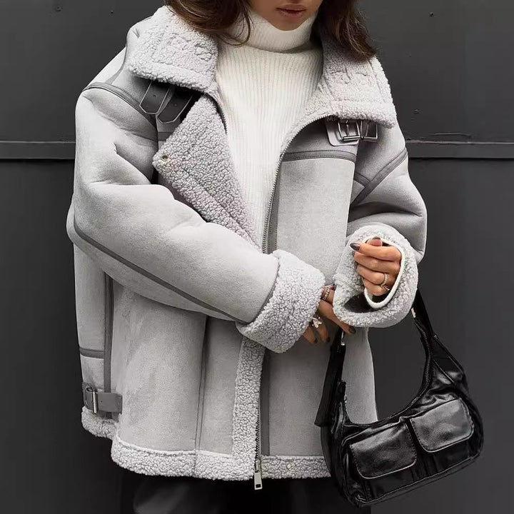 Damska Wide Cut Lambskin Imitation Flight kurtka z Faux Fur Lining Lumaza