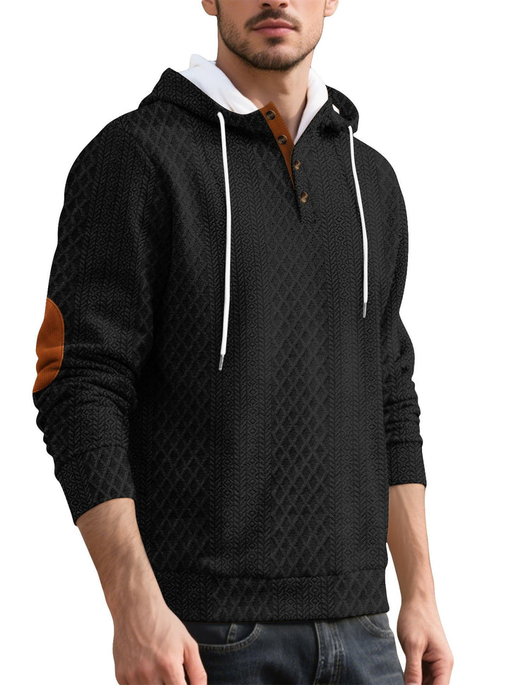 Męska nan diamond structure bluza z kapturem z krótka Listwa guzikowa, pikowana kaptur wewnętrzny edge, i zamsz elbow patch