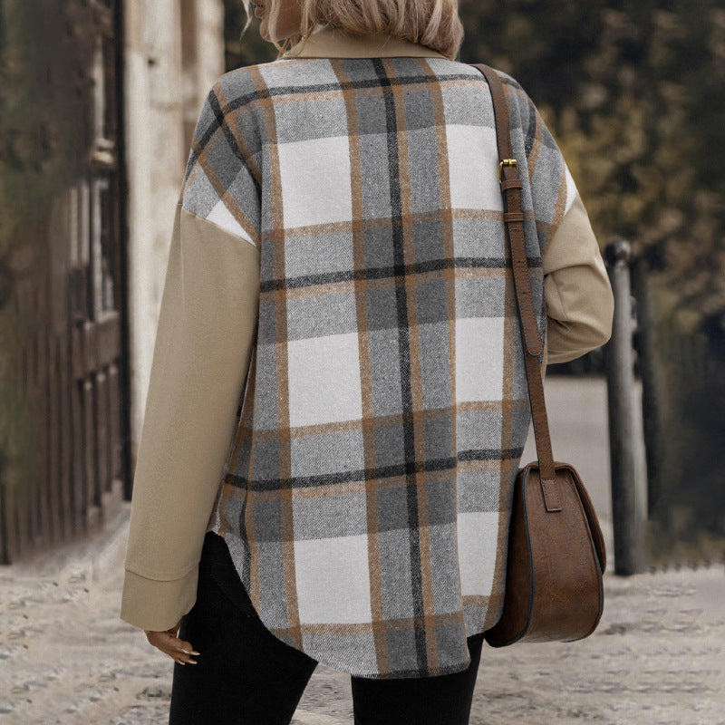 Damskie’s Oversize Kurtka koszulowa z W kratę Przód Panel, Nap Zapięcie i Patch Kieszenie na piersi