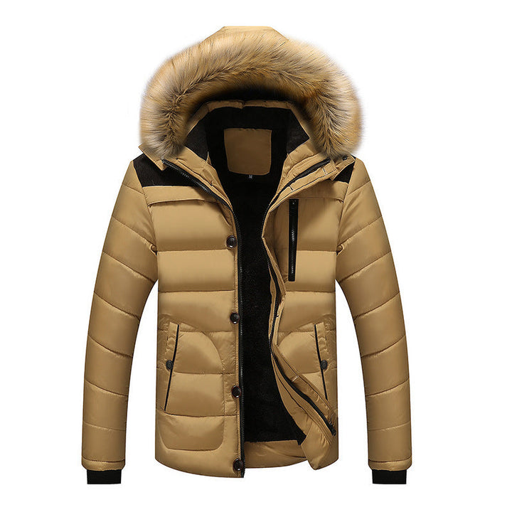 Męski termiczny pikowany parka z kaptur, imitacja futro trim i polar podszewka