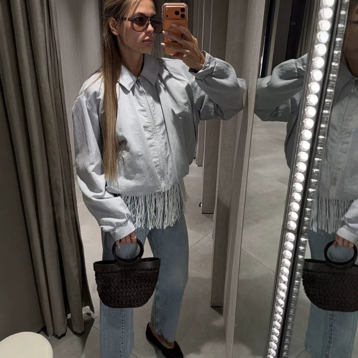 Damska lekka krótka Transitional kurtka z koszulowa kołnierzem, zamkiem błyskawicznym i Elastic Cuffs Lumaza