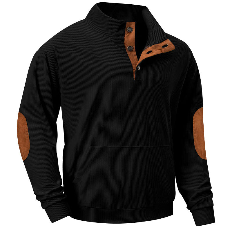 Męska Strukturalny Prążkowany Henley Bluza z Stójka, Kieszeń kangurka &amp; Aksamit Elbow Patches