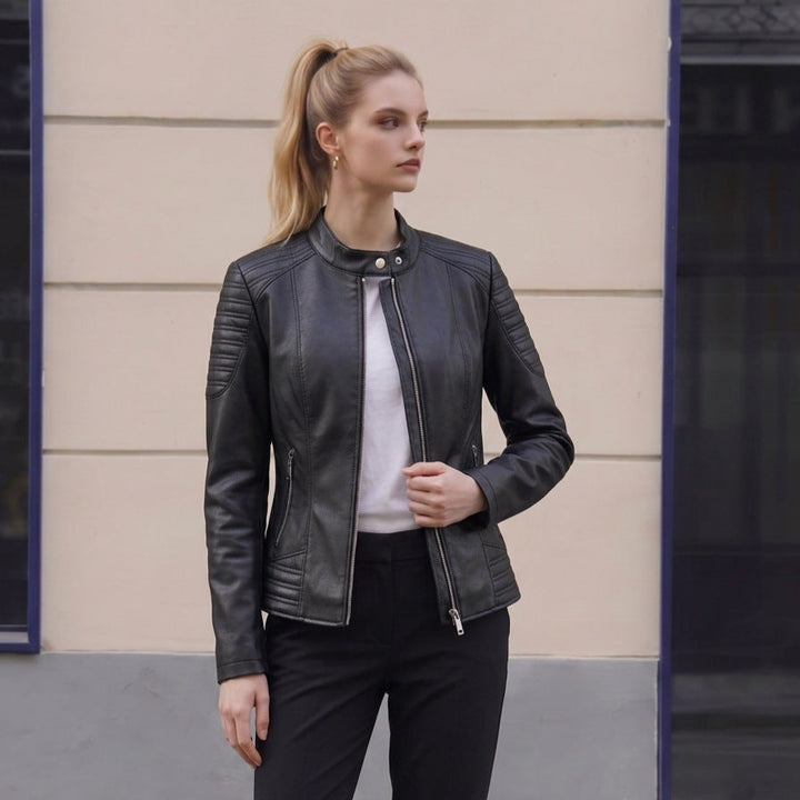 Damska taliowana imitacja skóry Biker kurtka z stójka kołnierzem i pikowana Details Lumaza