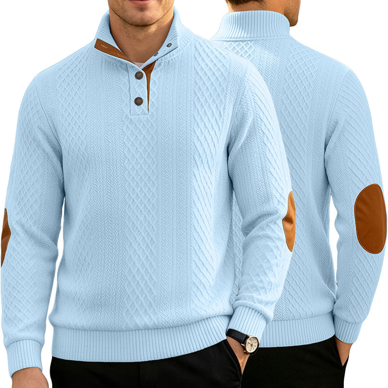 Męska Cable Dzianina Jumper z Stójka i Skóra Wygląd Elbow Patches