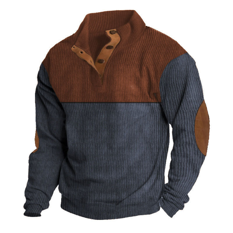 Męska strukturalny rugby sweter z Stójka, Listwa guzikowa, i skóra elbow patches