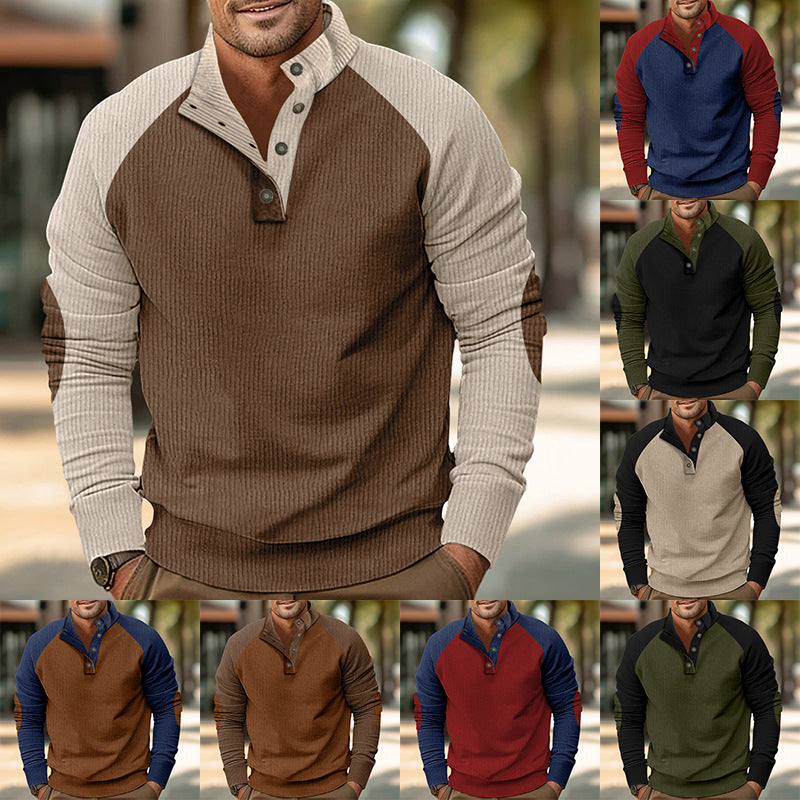 Męska Warmer Waffle Tekstura Henley Pulower z Kontrastowy Raglanowy Rękawy &amp; Stójka
