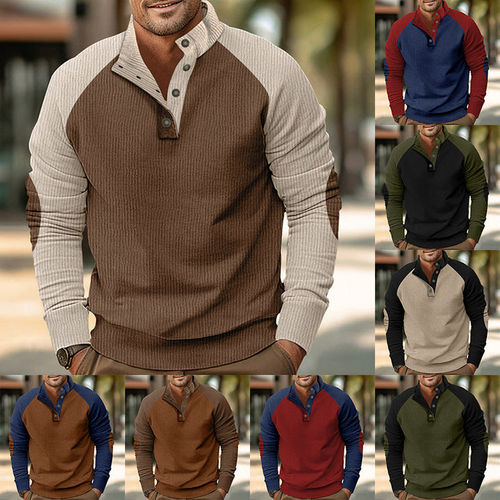 Męska Warmer Waffle Tekstura Henley Pulower z Kontrastowy Raglanowy Rękawy &amp; Stójka