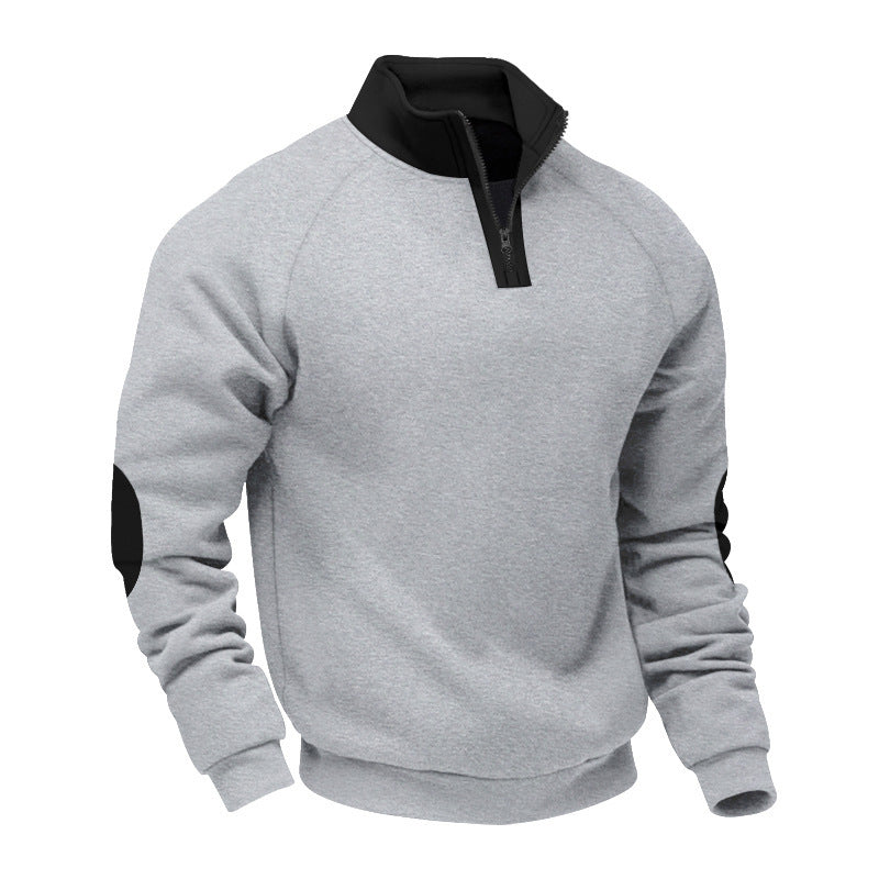 Męska krótki zamek polar pulower z Stójka raglanowy Rękawy i elbow patches