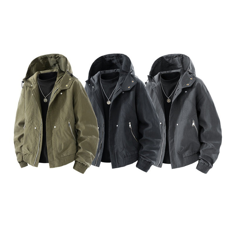 Męska Lekka utility kurtka z kapturem z stowable kaptur, wodoodporna coating, zippered Kieszenie, i elastyczne mankiety