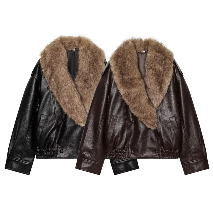 Damska krótka leather kurtka z full fur kołnierzem i elastic dołem Lumaza