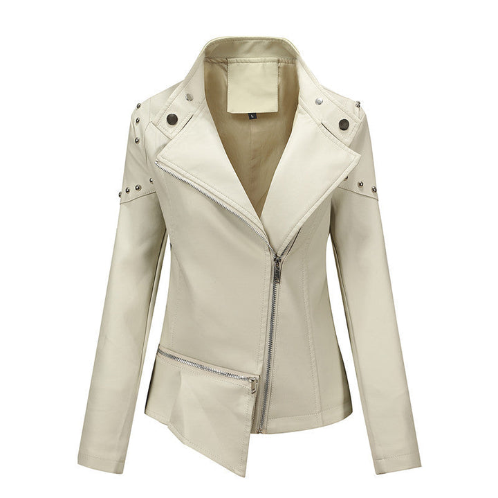 Damska Asymmetrical imitacja skóry Biker kurtka z Studs &amp; Asymmetrical zamkiem błyskawicznym Lumaza