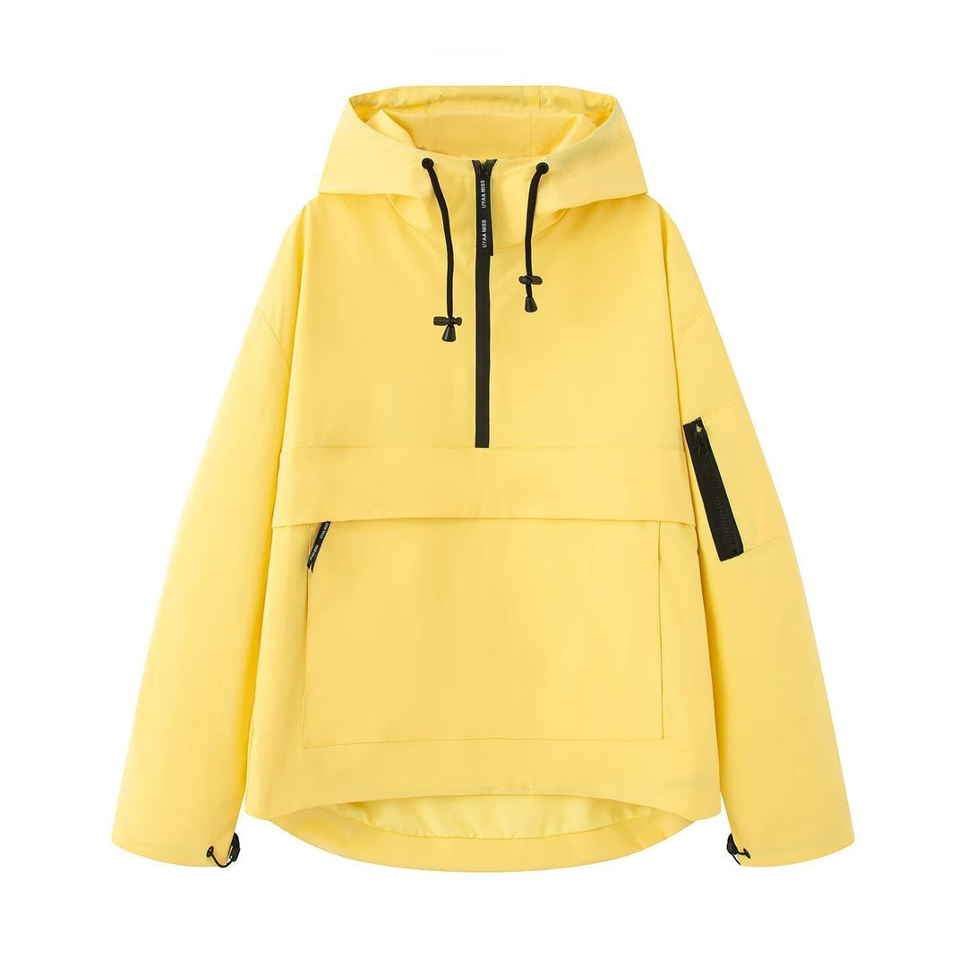 Damska wodoodporna oversize Anorak z kapturem, Half zamkiem błyskawicznym i Kangaroo Pocket Lumaza
