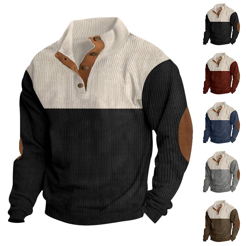 Męska prążkowany Henley dzianina pulower z stójka kontrastowy karczek i elbow patches