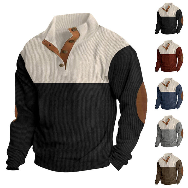 Męska prążkowany Henley dzianina pulower z stójka kontrastowy karczek i elbow patches