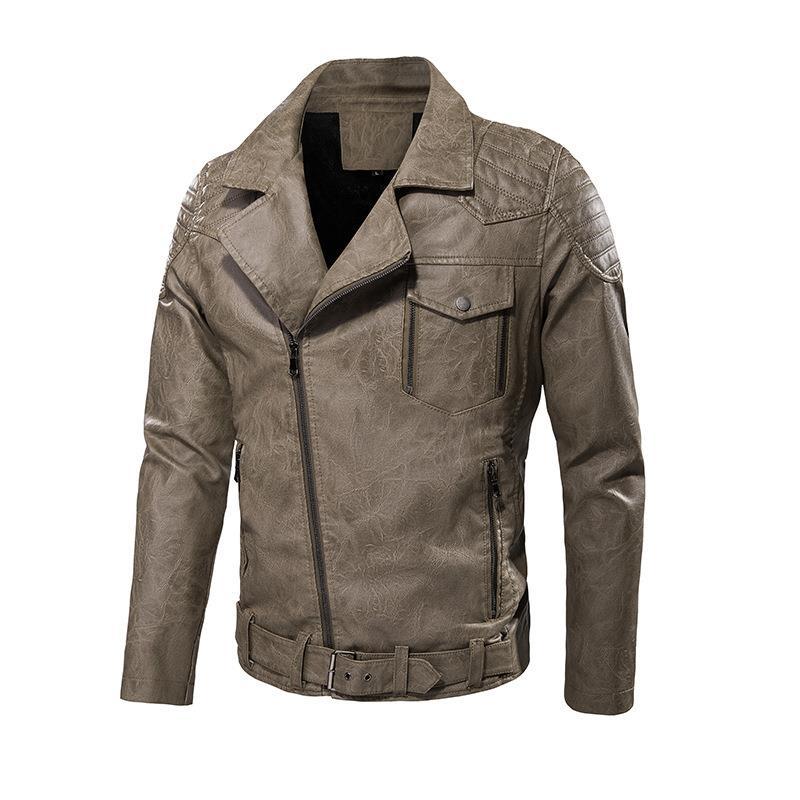 Męski imitacja skóry biker kurtka z ramienny pikowanie, asymmetric zamek, i regulowany belted waist