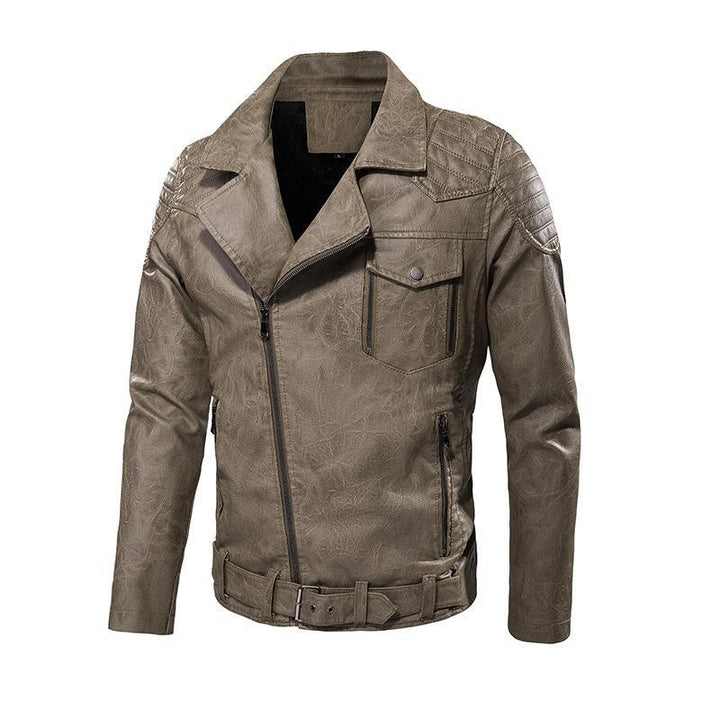 Męski imitacja skóry biker kurtka z ramienny pikowanie, asymmetric zamek, i regulowany belted waist