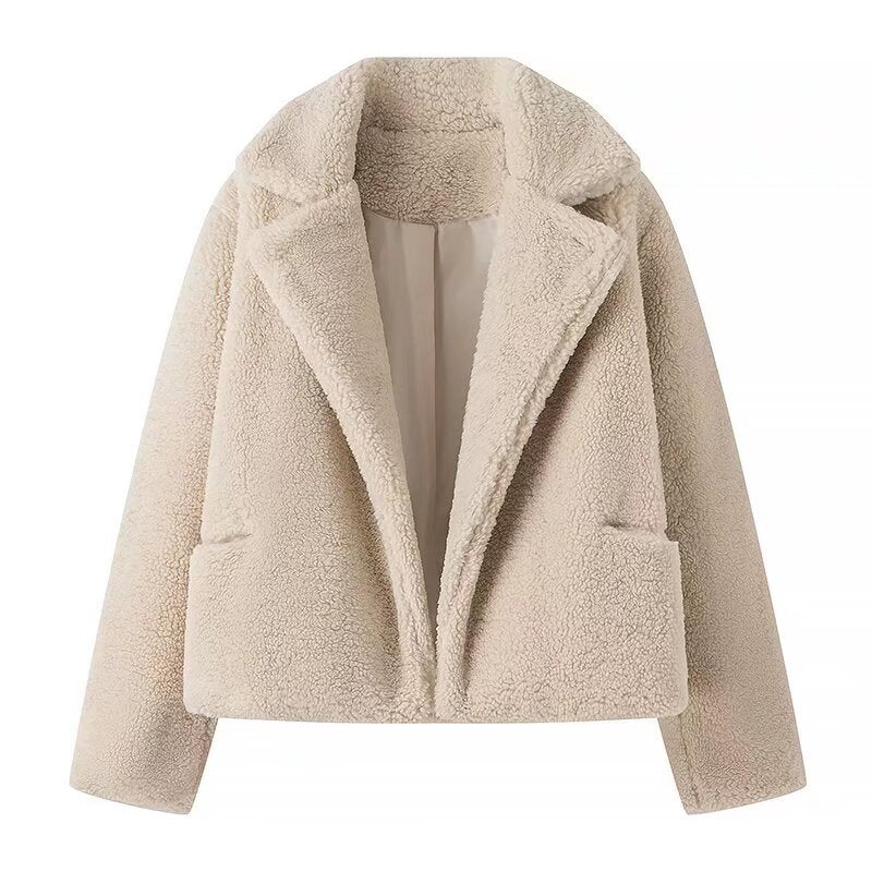 Damska krótka krótka Teddy boxy kurtka z Shawl kołnierzem i Practical Insert kieszeniami Lumaza