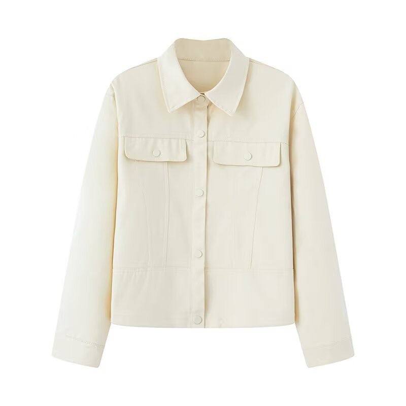 Damskie Krótka Krój Boxy Overshirt Kurtka w Vegan Skóra Wygląd z Kieszenie z klapkami i Nap Zapięcie