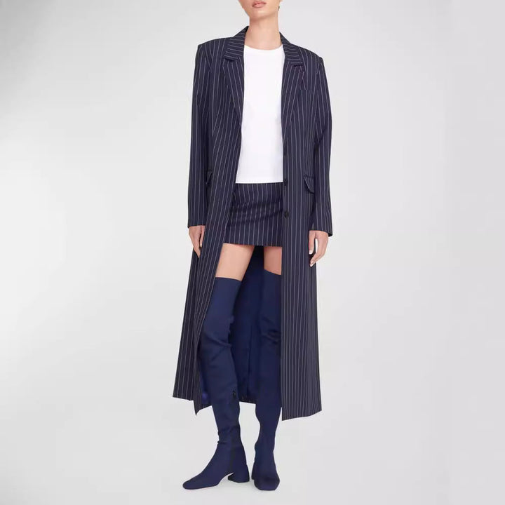 Damska oversize długaline płaszcz in Pinstripe Look z Slit i klapką kieszeniami Lumaza