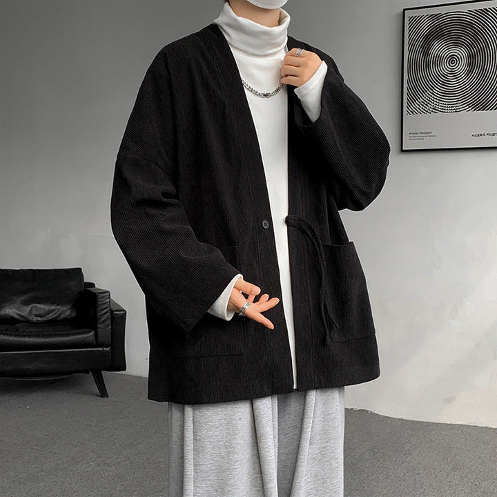 Męska oversize cord kimono kardigan z ściągaczem, naszywanymi kieszeniami i drop rękawy
