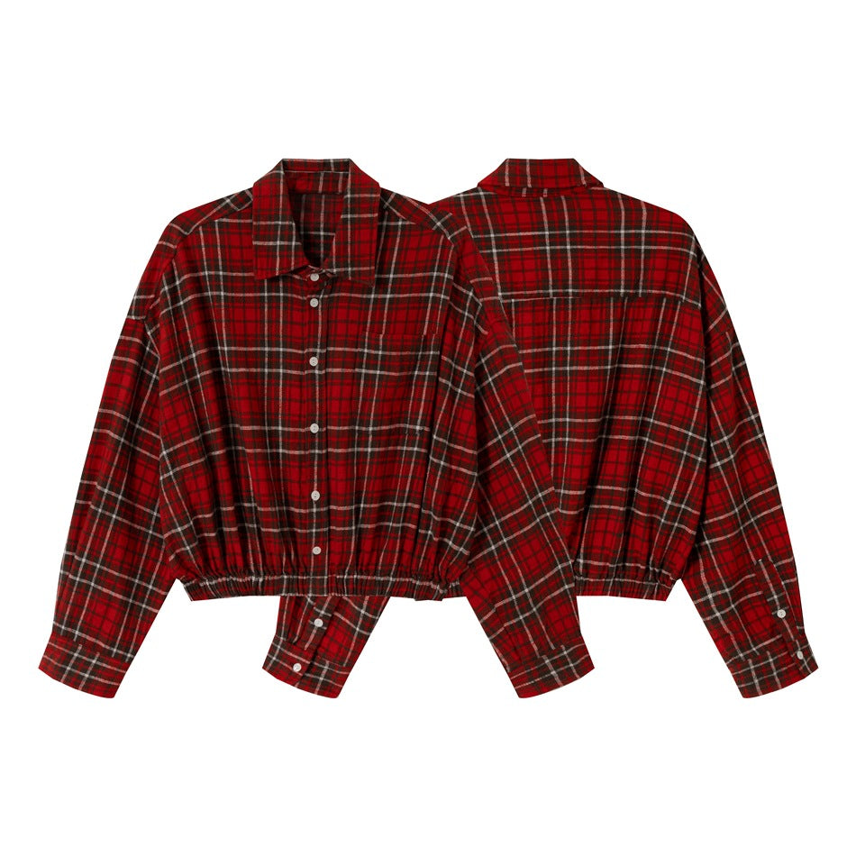 Damska Krótka Krój Oversize Kurtka koszulowa w Kratka Flannel z Elastyczny dół