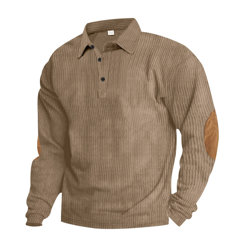 Męska heavy prążkowany bawełna polo sweter z Kent Kołnierz, triple Listwa guzikowa, i zamsz elbow patches