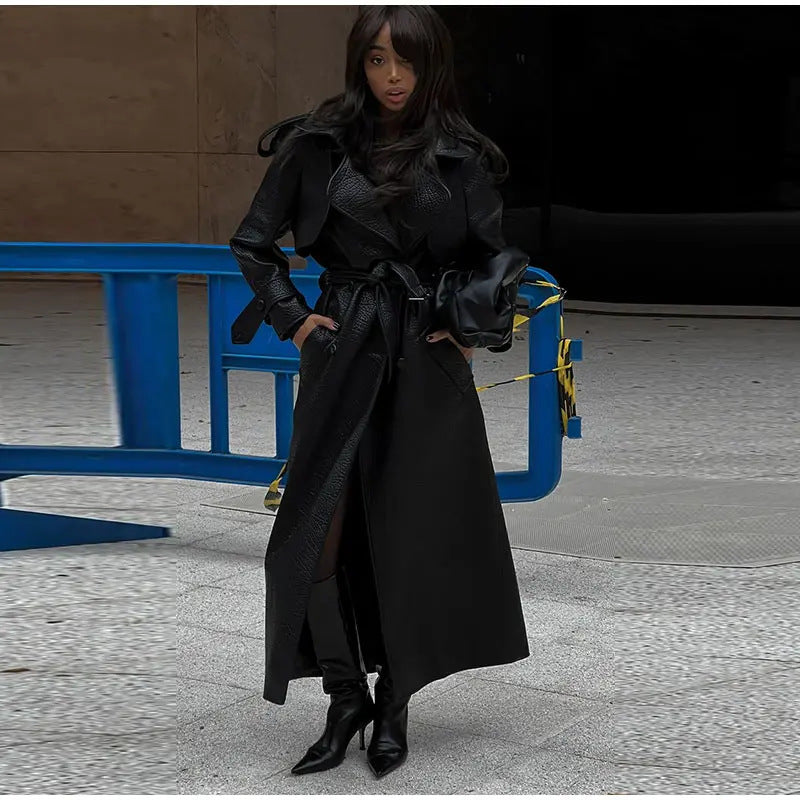 Damska oversize imitacja skóra Trench płaszcz z wysoki kołnierzem i Removable Belt