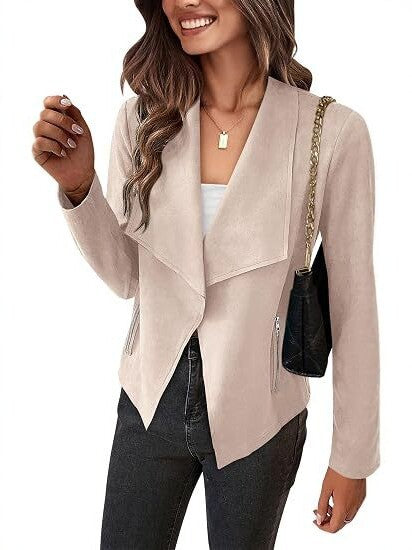 Damskie Imitacja zamszu Waterfall Marynarka z Asymmetrical Dół i Kieszenie na zamek