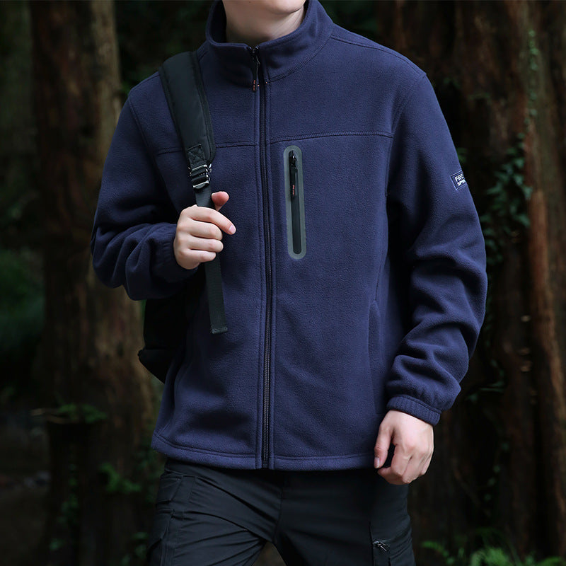 Męski Termiczny Microfleece Outdoorowy Kurtka z Kołnierz ze stójką, Wodoodporny Chest Zamek Kieszeń