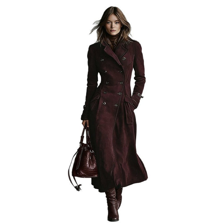 Damska długaer taliowana trencz in Suede Look z dwurzędna guzikami listwą i Buckle Cuffs Lumaza