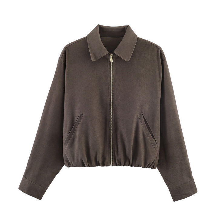 Damska krótka suede look bomber kurtka z zamkiem błyskawicznym, elastic dołem i diagonal side kieszeniami Lumaza