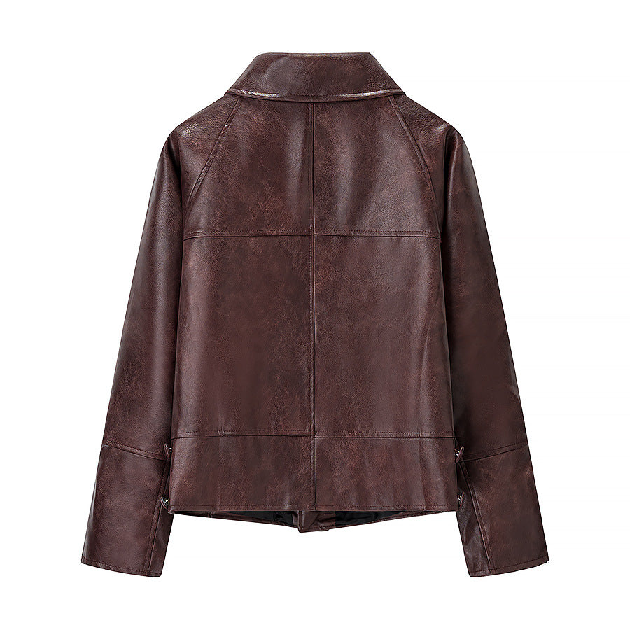 Damska krótka oversize Leather kurtka z Round kołnierzem i klapką kieszeniami Lumaza