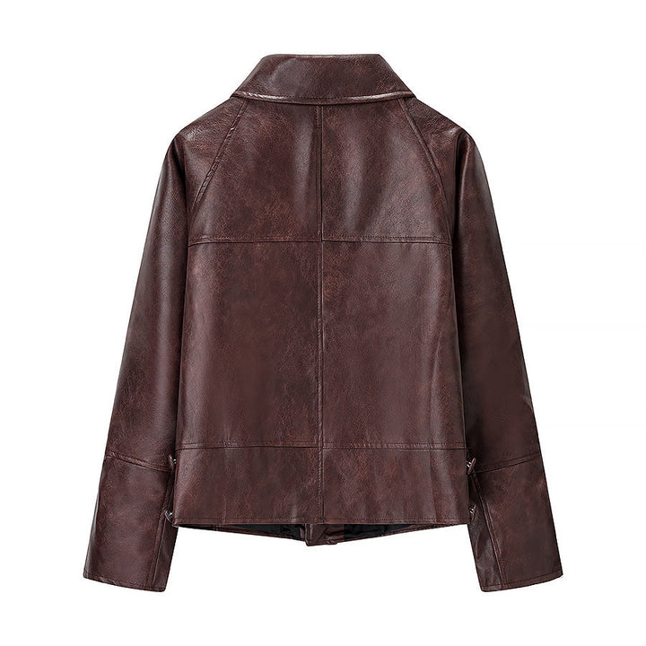 Damska krótka oversize Leather kurtka z Round kołnierzem i klapką kieszeniami Lumaza