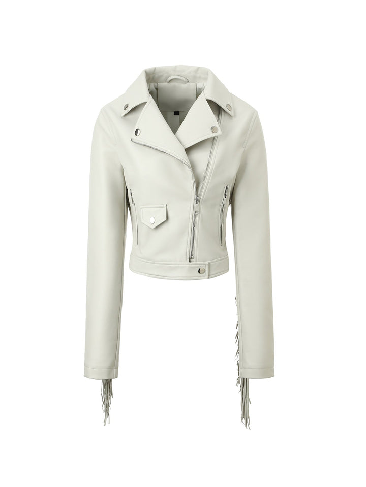Damska krótka biker leather kurtka z fringed rękawami i asymmetrical zamkiem błyskawicznym Lumaza