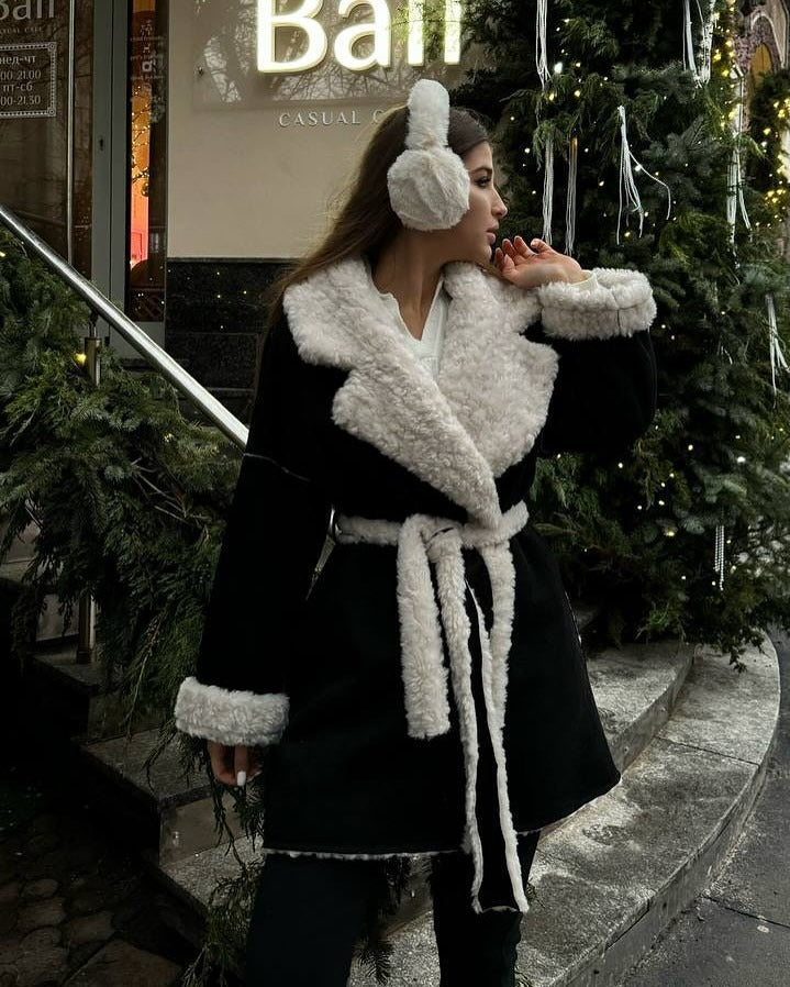 Damska krótka oversize Winter płaszcz z Teddy Lining i Waist paskiem Lumaza