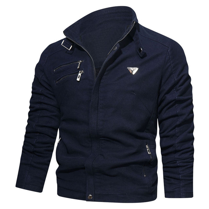 Męski lekki płótno użytkowy blouson z kołnierz ze stójką, asymmetrical chest zamek section, i dekoracyjne zippers.