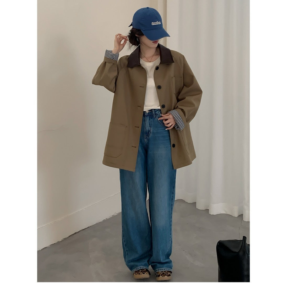Damska oversize krótka kurtka in Trench styl z Leather-Look kołnierzem i Checked Cuffs Lumaza