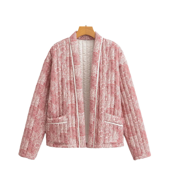 Damska Light pikowana kurtka in kimono styl z kwiatowa Block Print i kontrastowy Piping Lumaza