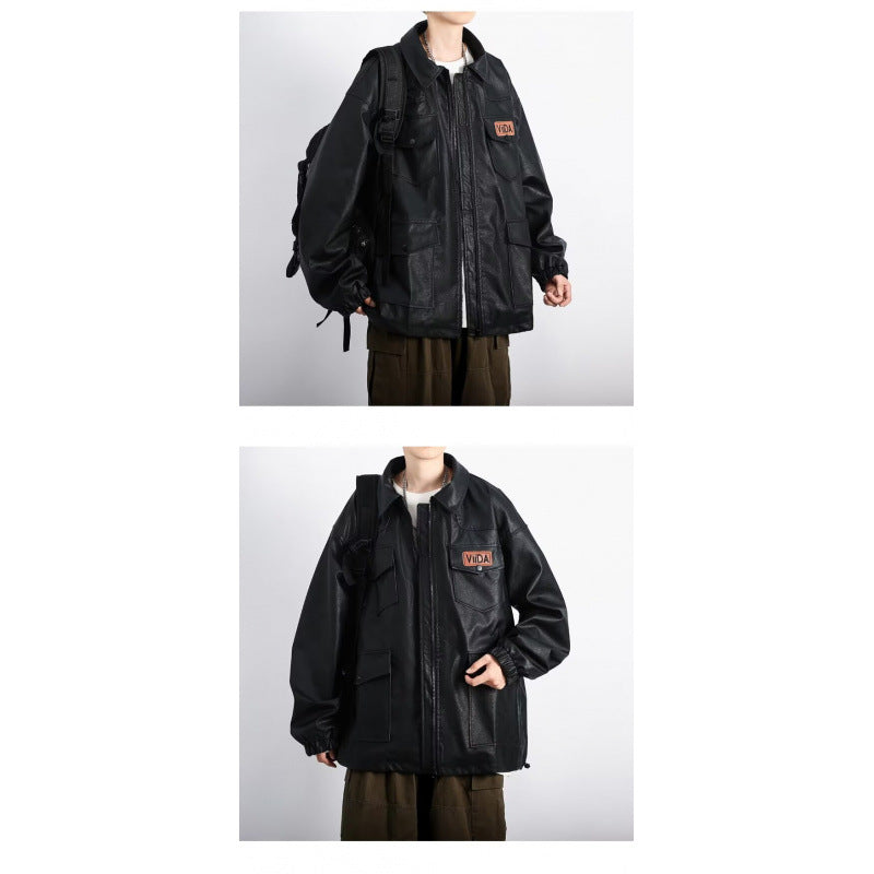 Unisex oversize funkcjonalna imitacja skóry kurtka z Multiple klapką kieszeniami Lumaza