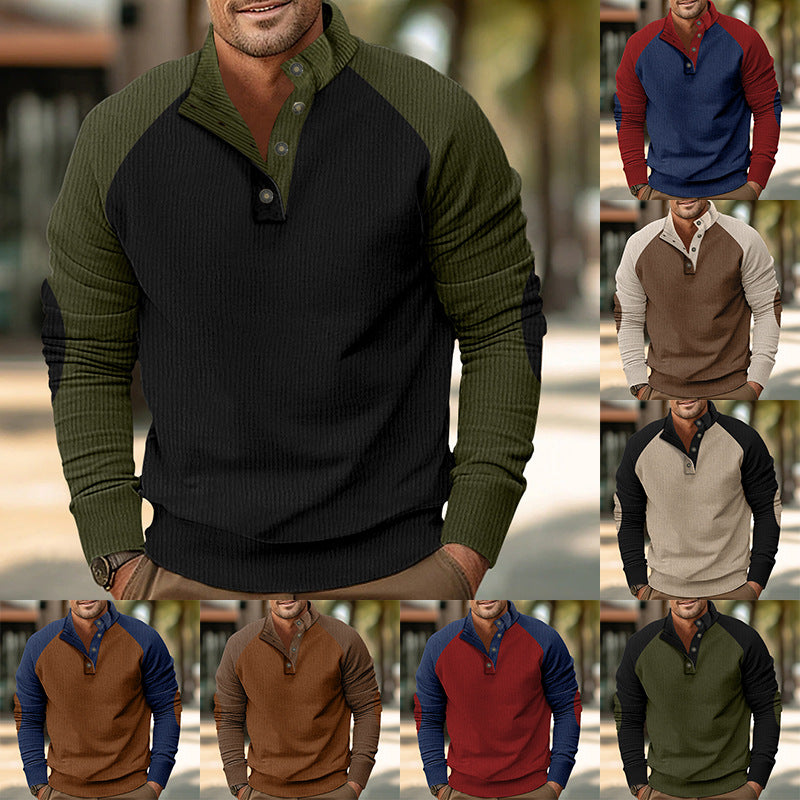 Męska Warmer Waffle Tekstura Henley Pulower z Kontrastowy Raglanowy Rękawy &amp; Stójka