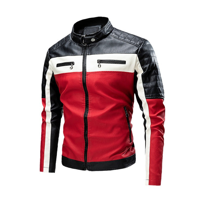 Męska biker skóra kurtka w colorblock design z ocieplana shoulder section i stójką