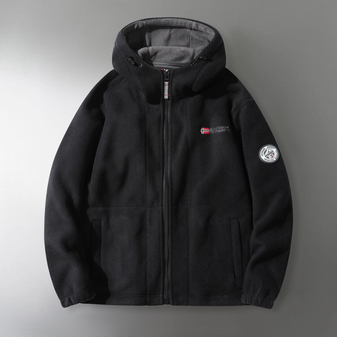 Męski microfleece outdoorowy kurtka z kaptur, wind-resistant structure i logo naszywany