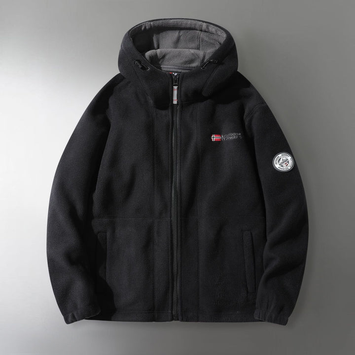 Męski microfleece outdoorowy kurtka z kaptur, wind-resistant structure i logo naszywany