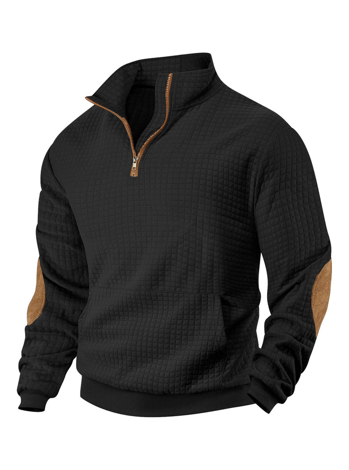 Męska waffle tekstura krótki zamek z Stójka, kieszeń kangurka, i zamsz wygląd elbow patches